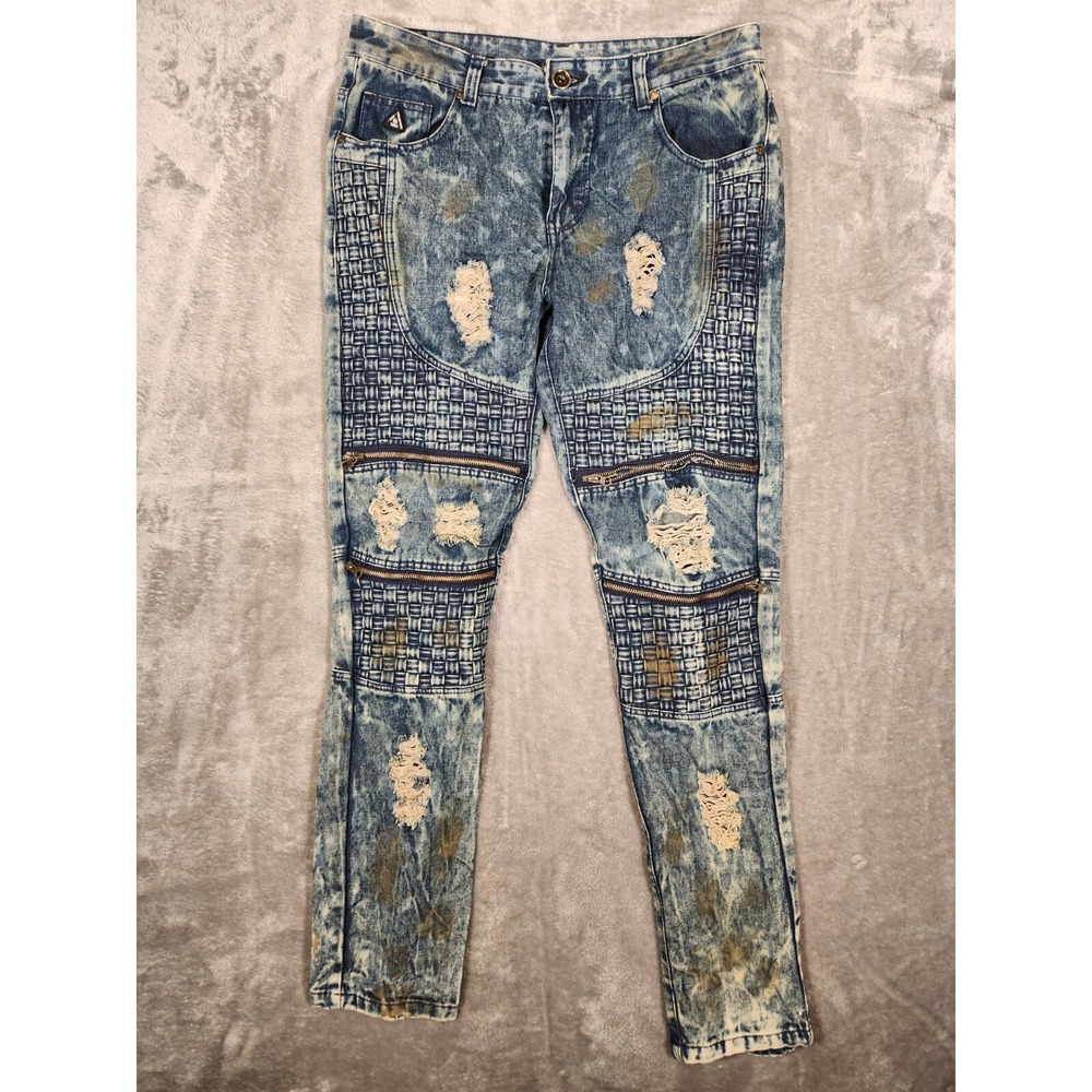 Distressed Blue Wash Men's Jeans with Grid Paneling